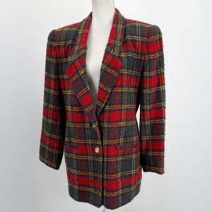 SK & Company Womens Plaid Tweed Wool Blend Blazer Jacket Red Green Sz 12 Winter